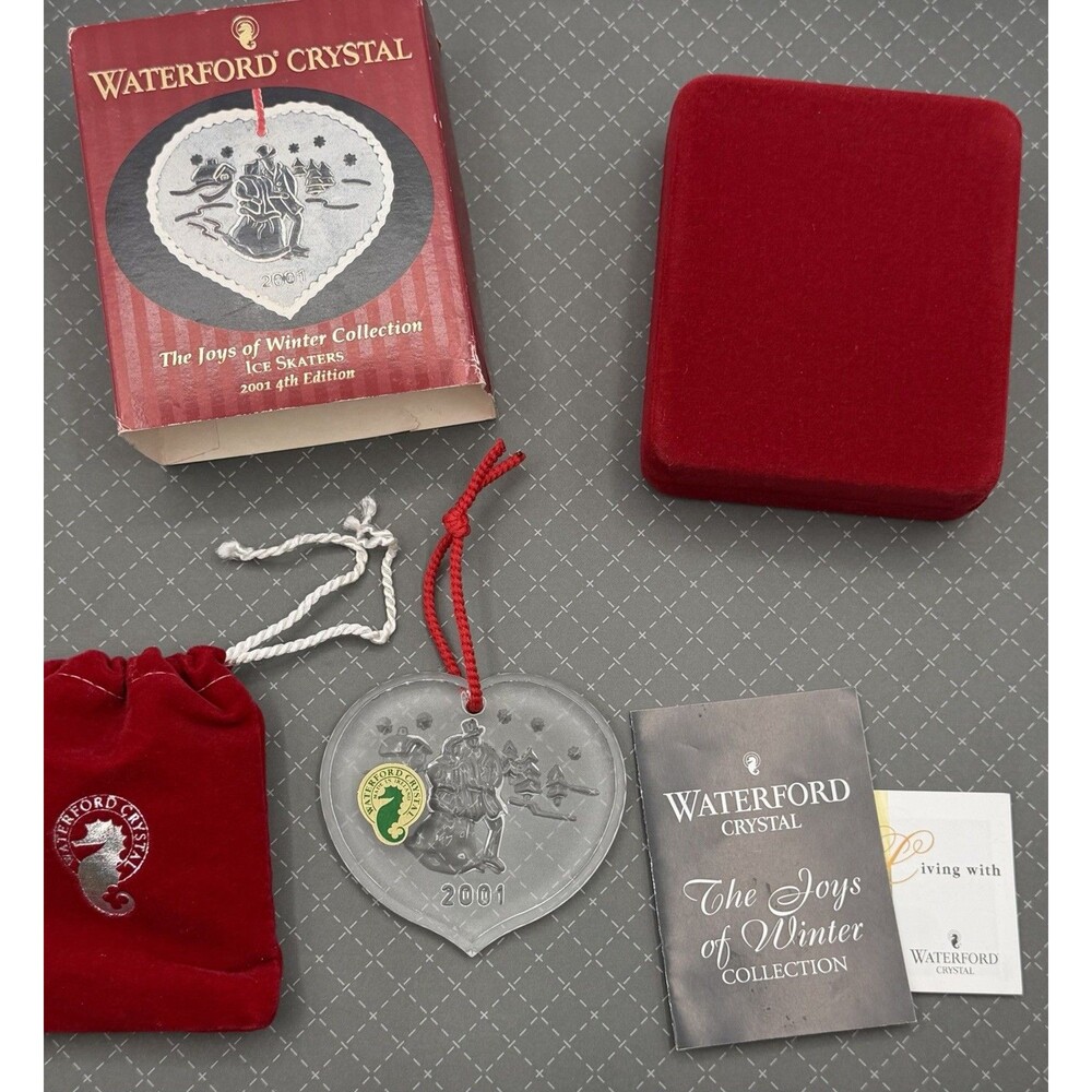 Vtg Waterford Crystal Joys of Winter Ornament Ice Skaters 2001 Box Pouch Heart